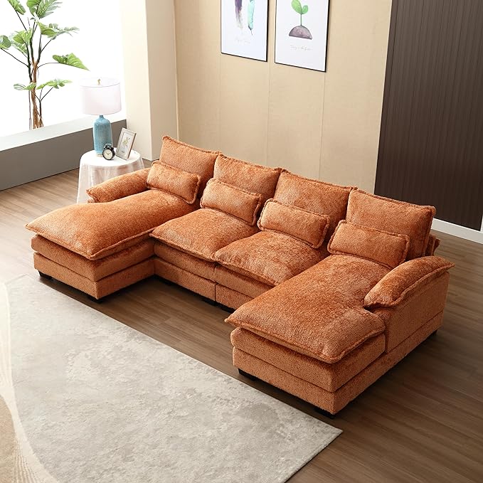 110.63" Chenille Fabric Upholstered Sectional Sofa with Double Chaises & Solid Wood Legs, U-Shape Oversized Modular Couch with 2 Layered & Detachable Seat Cushions for Living Room, Apartment - LeafyLoom