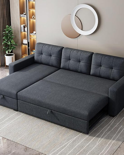 81.5" Sectional Sleeper Sofa with Storage Chaise, L Shaped Pull Out Couch Bed with 3 Removable Back Cushion for Living Room,Apartment,Office,Dark Grey - LeafyLoom
