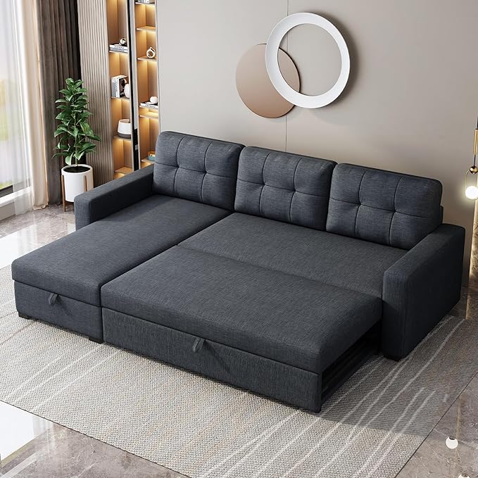 81.5" Sectional Sleeper Sofa with Storage Chaise, L Shaped Pull Out Couch Bed with 3 Removable Back Cushion for Living Room,Apartment,Office,Dark Grey - LeafyLoom