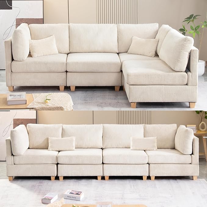 Free Combination Convertible Modular Sectional Sofa with Movable Ottoman, L Shaped Reversible Sleeper Corner Couch with Solid Wood Legs, Comfy Corduroy Upholstered Sofa&Couches for Living Room - LeafyLoom