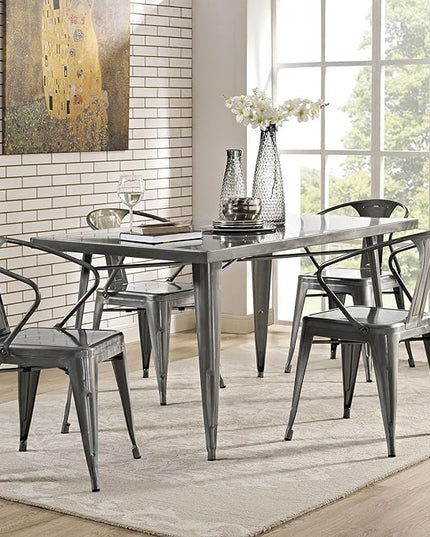 Modway Alacrity 60" Rustic Modern Farmhouse Stainless Steel Metal Rectangle Dining Table in Gunmetal - LeafyLoom