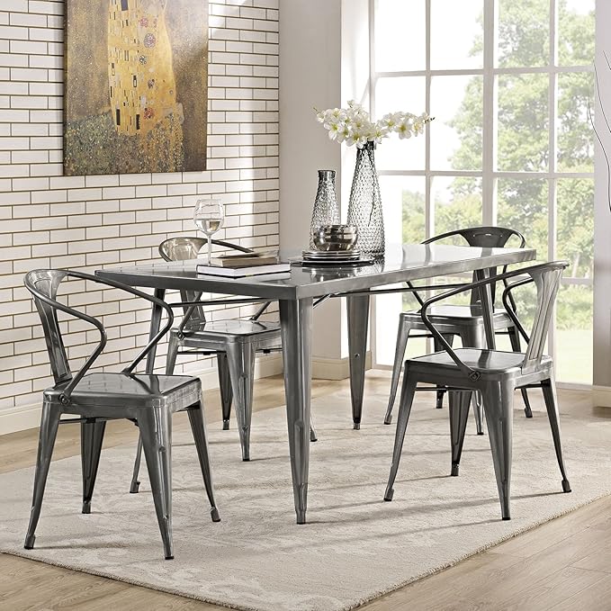 Modway Alacrity 60" Rustic Modern Farmhouse Stainless Steel Metal Rectangle Dining Table in Gunmetal - LeafyLoom