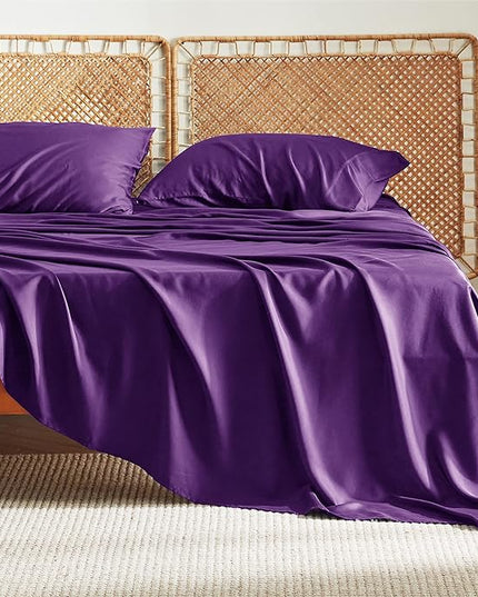 Bedsure Queen Sheets, Rayon Derived from Bamboo, Queen Cooling Sheet Set, Deep Pocket Up to 16", Breathable & Soft Bed Sheets, Hotel Luxury Silky Bedding Sheets & Pillowcases, Plum - LeafyLoom