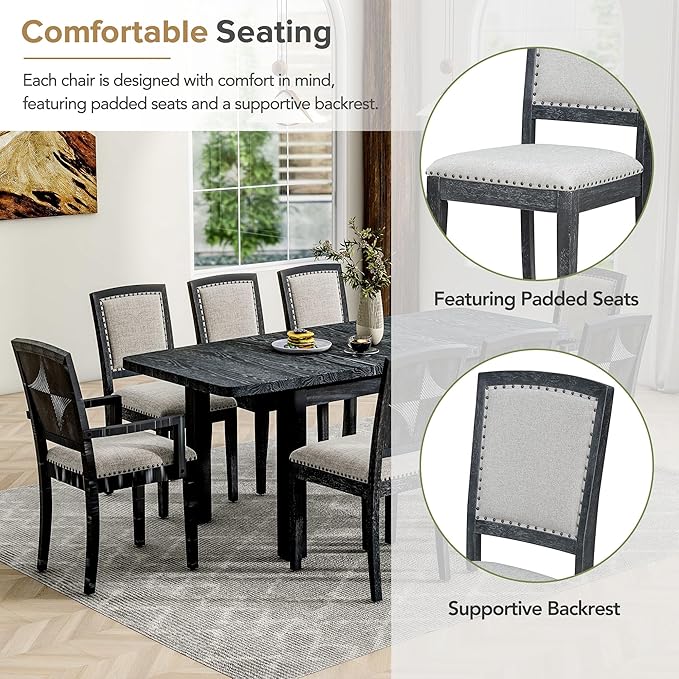 NicBex Dining Table Kitchen & Dining Room Tables Rustic Extendable 84Inch Dining Table Set with 24Inch Removable Leaf, 6 Upholstered Armless Dining Chairs and 2 Padded Chairs, Black+ Gray - LeafyLoom