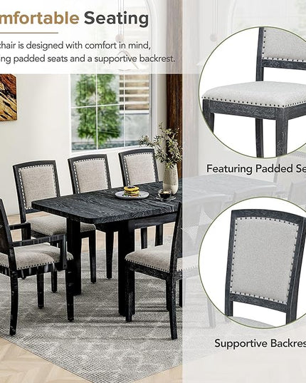 Rustic 9-Piece Wood Dining Set for 8 People, 84" Extendable Rectangular Kitchen Table with Removable Leaf and 8 Upholstered Chairs, Black - LeafyLoom