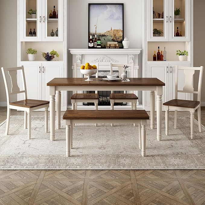 Dining Table Set for 6, Classic 6-Piece Dining Room Table Set with 4 Chairs and Bench, Kitchen Table Set for Dining Room and Living Room, Brown+Cottage White - LeafyLoom