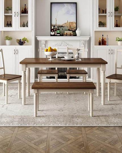 6-Piece Classic Rectangle Wooden Dining Table Set with 4 Chairs and Bench for Kitchen, Brown + Cottage White, 60" L x 35.8" W x 30" H - LeafyLoom