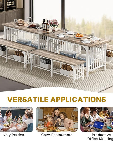 DWVO 3-Piece Dining Table Set for 4-6 People, 63" Dining Room Table with 2 Benches, Industrial Rectangular Dining Room Table Set with Storage for Kitchen, Dining Room, Washed Grey - LeafyLoom