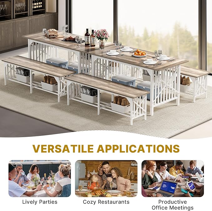 DWVO 3-Piece Dining Table Set for 4-6 People, 63" Dining Room Table with 2 Benches, Industrial Rectangular Dining Room Table Set with Storage for Kitchen, Dining Room, Washed Grey - LeafyLoom