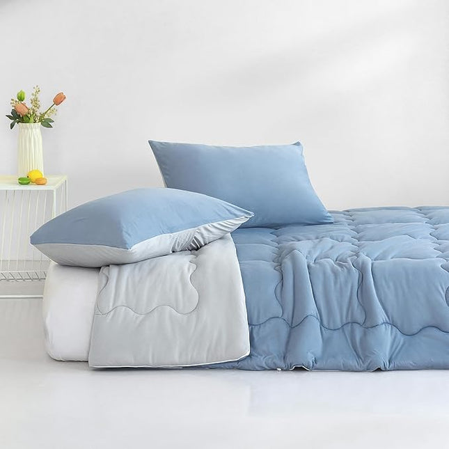 COTTEBED Reversible Blue and Light Gray Bed Comforter Queen Sets, Jersey Knit T-Shirt Feel Ultra-Soft Lightweight Breathable Cozy Bedding Down Quilt Blanket & 2 Pillowsham All Season Use (Full/Queen) - LeafyLoom