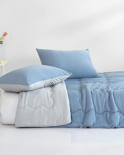 COTTEBED Blue and Grey KING Sized Bed Down Comforters Set, Jersey Knit Milk Cup Dual-Sided Reversible Softness Breathable Lightweight California King Bedding Alternative Quilt & Pillowsham All Seasons - LeafyLoom