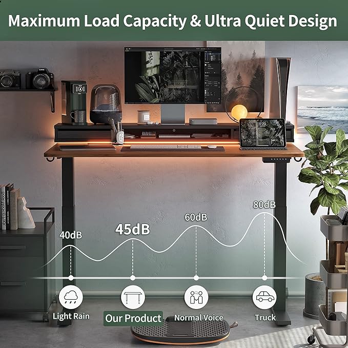 FEZIBO 55 x 24 Inch Height Adjustable Electric Standing Desk with Double Drawers, Stand Up Desk with LED Strips, Sit Stand Desk with Monitor Stand, Blcak Walnut - LeafyLoom