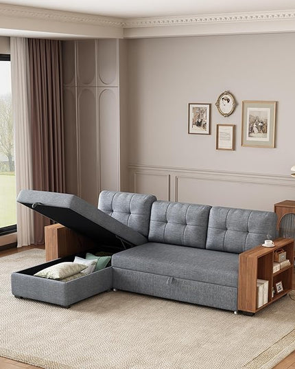 84" Pull Chaise,Sectional Couch Bed,Convertible Sleeper, L Shaped Sofa with Wooden Storage Handrail for Living Room,Apartment,Office,Light Grey - LeafyLoom