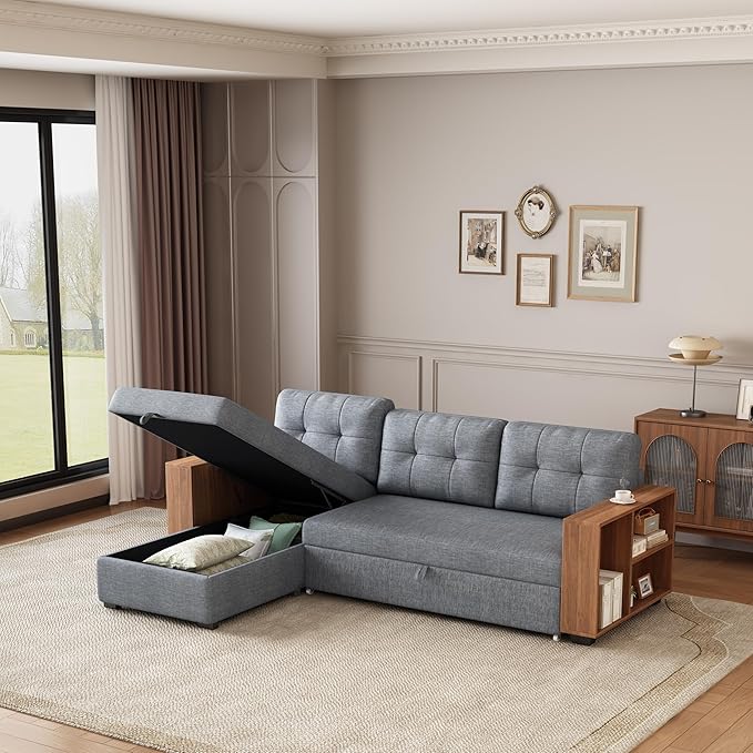 Convertible Sectional Couch with Pull Out Bed and Storage Chaise,L Shaped Sleeper Sofa W/Storage Cabinet Armrests & Removable Back Cushions,Living Room Furniture,for Home,Office,Light Grey,84" - LeafyLoom