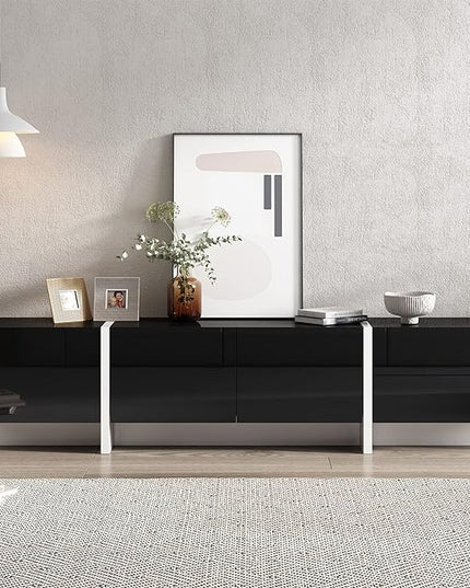 TV Stand, Contemporary 75 Inch TV Table with Drawers and High Gloss UV Surface for TVs Up to 80'', Rectangle Entertainment Center with Ample Storage Space for Living Room, Black - LeafyLoom