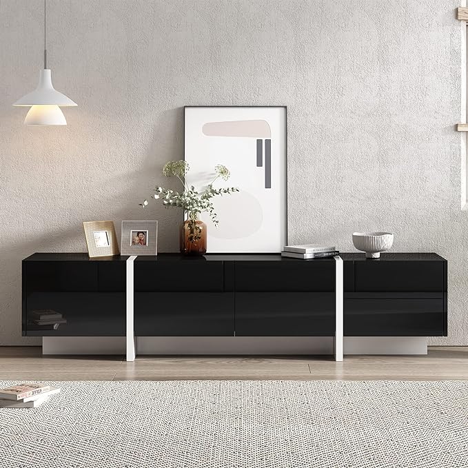 TV Stand, Contemporary 75 Inch TV Table with Drawers and High Gloss UV Surface for TVs Up to 80'', Rectangle Entertainment Center with Ample Storage Space for Living Room, Black - LeafyLoom