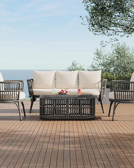 Furniture 4-Piece Outdoor Patio Conversation Seating for 5 Person and Coffee Table, Rattan Chair Wicker Sofa Bistro Sets for Porch, Backyard and Garden, Grey - LeafyLoom
