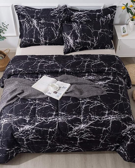 Litanika Black Marble Comforter Full(79X90Inch), 3 Pieces (1 Marble Comforter+2 Pillowcases) Soft Lightweight Microfiber Comforter Bedding Set for Men and Women - LeafyLoom