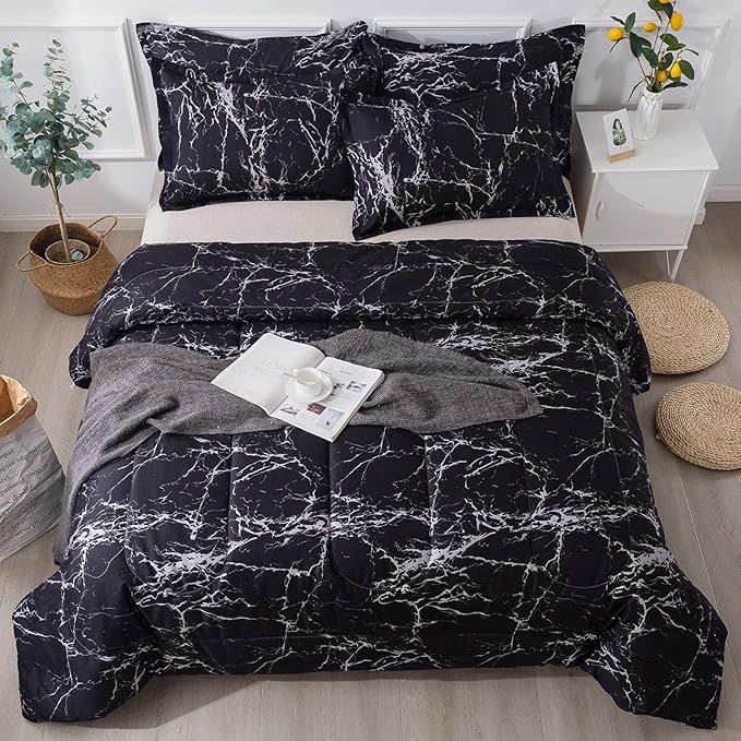 Litanika Black Marble Comforter Full(79X90Inch), 3 Pieces (1 Marble Comforter+2 Pillowcases) Soft Lightweight Microfiber Comforter Bedding Set for Men and Women - LeafyLoom