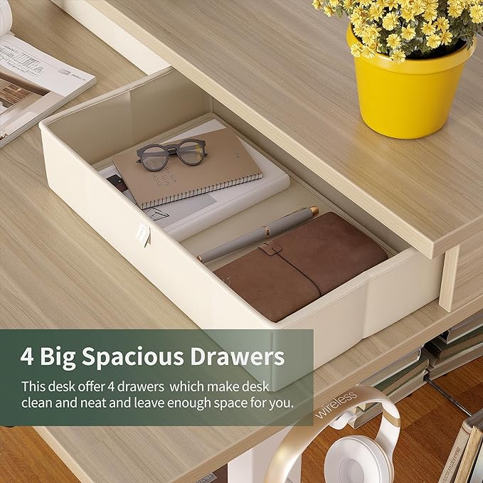 FEZIBO 63" L Shaped Standing Desk with 4 Drawers, Electric Standing Gaming Desk Adjustable Height, Corner Stand up Desk with Splice Board, White Frame/Light Walnut Top - LeafyLoom