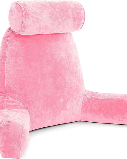 Husband Pillow XXL Pink Backrest with Arms, Adult Reading Pillow with Shredded Memory Foam, Ultra-Comfy Removable Microplush Cover & Detachable Neck Roll, Unmatched Support for Bed Rest Sit Up Pillow - LeafyLoom