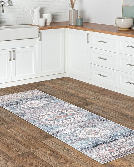 nuLOOM Drina Distressed Machine Washable Ultra Thin Runner Rug, 2' 6" x 8', Blue - LeafyLoom