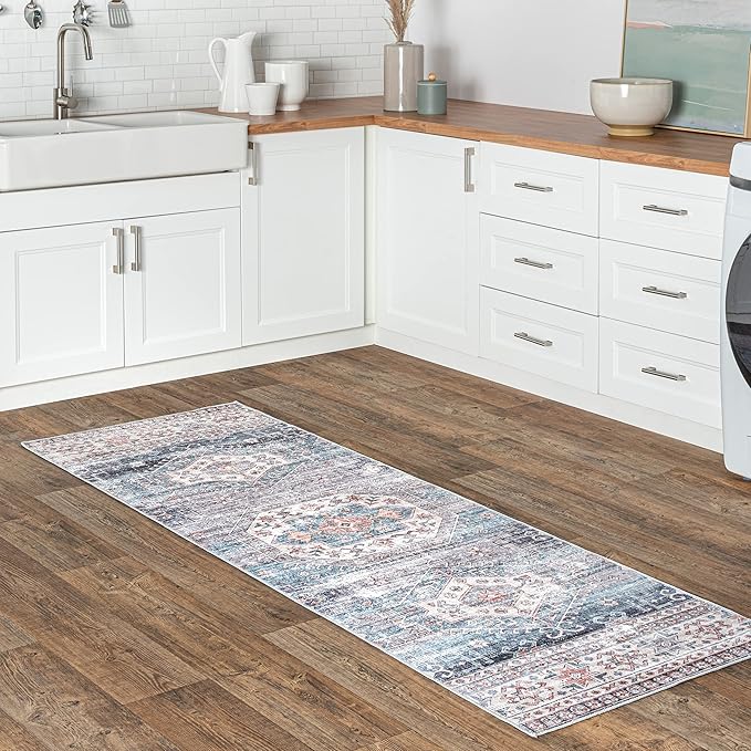 nuLOOM Drina Distressed Machine Washable Ultra Thin Runner Rug, 2' 6" x 8', Blue - LeafyLoom