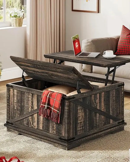 YITAHOME Farmhouse Lift Top Coffee Table, Square Wood Center Table with Large Hidden Storage Compartment for Living Room, Rustic Cocktail Table with Lift Top for Home Office,Dark Rustic Oak - LeafyLoom