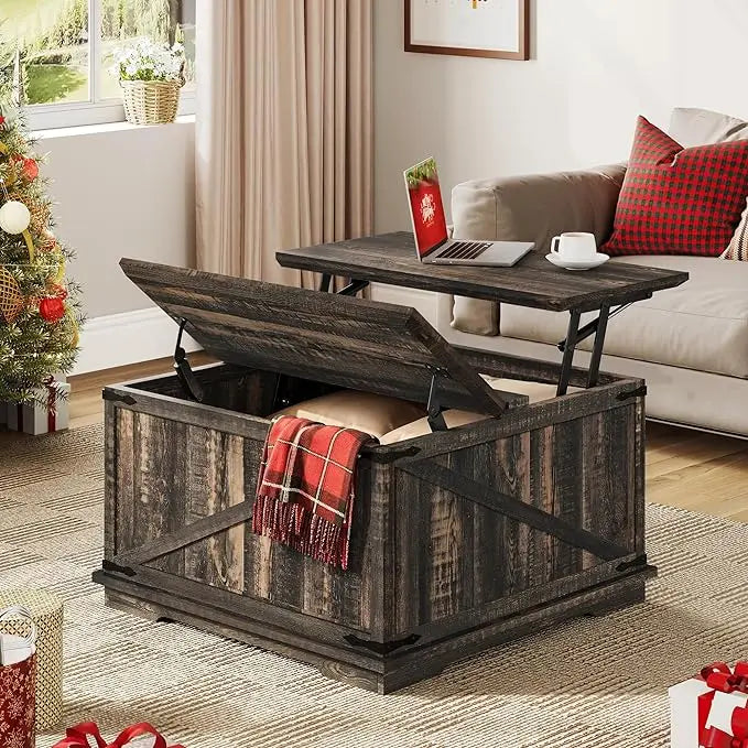 YITAHOME Farmhouse Lift Top Coffee Table, Square Wood Center Table with Large Hidden Storage Compartment for Living Room, Rustic Cocktail Table with Lift Top for Home Office,Dark Rustic Oak - LeafyLoom