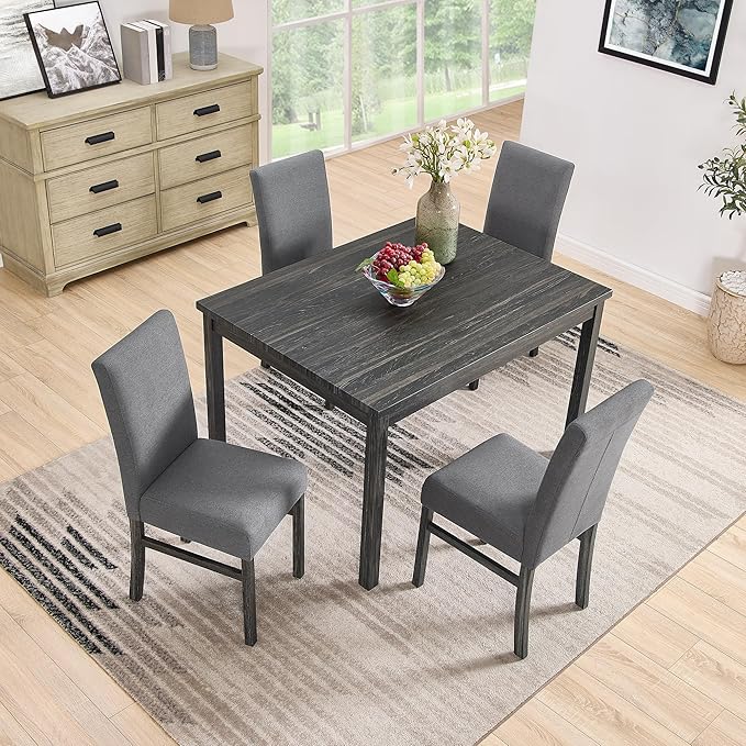 RITSU 5 Piece Kitchen Dining Set, Small Rectangular Table with Storage Shelf and 4 Upholstered Chairs, for Farmhouse, Apartment, Restaurant, Gray - LeafyLoom