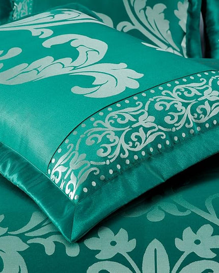 Chezmoi Collection 7-Piece Jacquard Floral Comforter Set (Queen, Green/Silver) - LeafyLoom