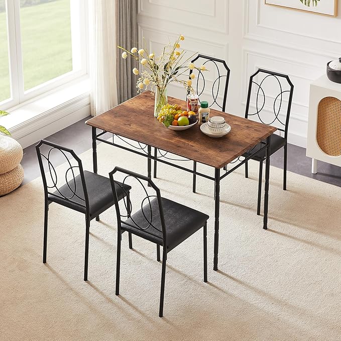 VECELO 5 Pieces Sets,43.3" Table&Chairs for 4,Industrial Counter Height Tabletop with Bar Stools, Rectangle Breakfast Chairs, Living Room, Apartment, Dining Table for 4, Brown - LeafyLoom