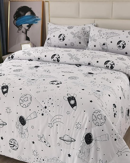 MAG 3Pcs Out Space Bedding Comforter Set, White Galaxy Comforter Set,for Toddlers Kids,Boys Teens and Girls,Super Soft Microfiber (1 Comforter + 2 Pillowcases) (Space, Queen) - LeafyLoom