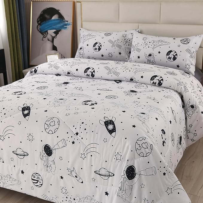 MAG 3Pcs Out Space Bedding Comforter Set, White Galaxy Comforter Set,for Toddlers Kids,Boys Teens and Girls,Super Soft Microfiber (1 Comforter + 2 Pillowcases) (Space, Full) - LeafyLoom