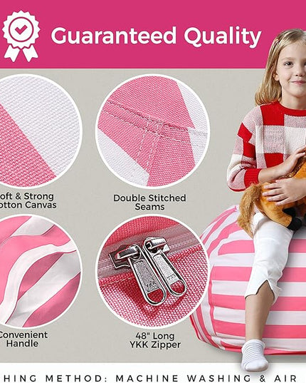 Aubliss Stuffed Animal Bean Bag Storage Chair, Beanbag Covers Only for Organizing Plush Toys, Turns into Bean Bag Seat for Kids When Filled, Medium 32"-Canvas Stripes Pink/White - LeafyLoom