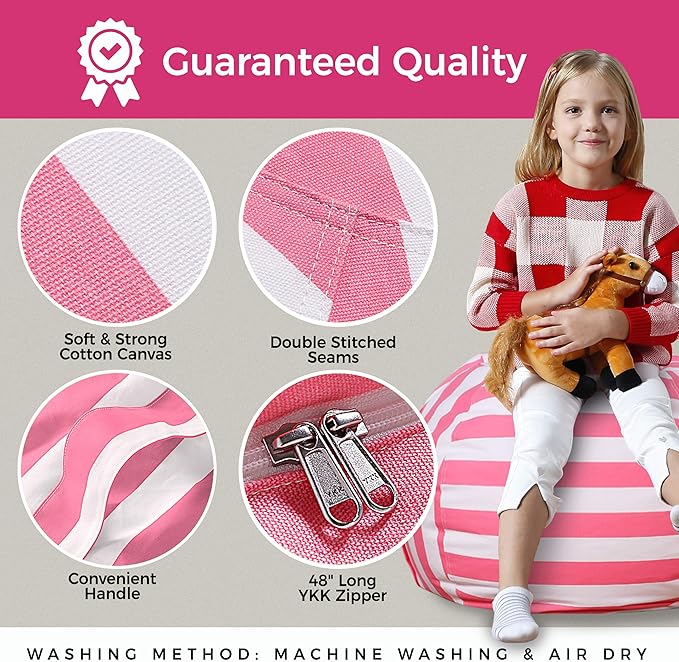 Aubliss Stuffed Animal Bean Bag Storage Chair, Beanbag Covers Only for Organizing Plush Toys, Turns into Bean Bag Seat for Kids When Filled, Medium 32"-Canvas Stripes Pink/White - LeafyLoom