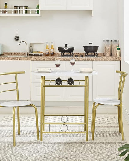 VECELO 3 Piece Small Round Dining Table Set for Kitchen Breakfast Nook, Wood Grain Tabletop with Wine Storage Rack, Save Space, 31.5", White & Gold - LeafyLoom