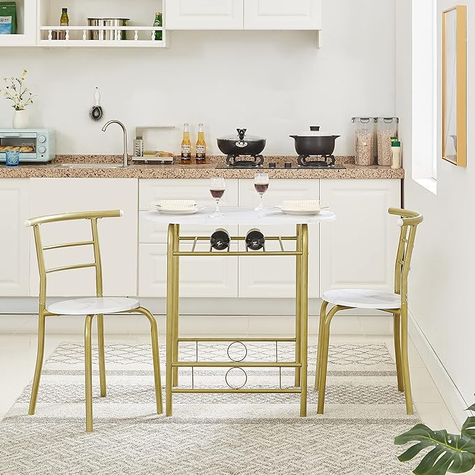 VECELO 3 Piece Small Round Dining Table Set for Kitchen Breakfast Nook, Wood Grain Tabletop with Wine Storage Rack, Save Space, 31.5", White & Gold - LeafyLoom