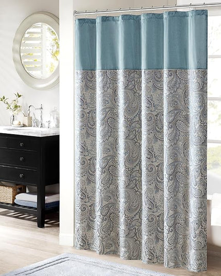 Madison Park 24 Piece Teal Paisley Queen Comforter Set with Matching Curtains and Aubrey 72x72 Teal Paisley Shower Curtain - LeafyLoom