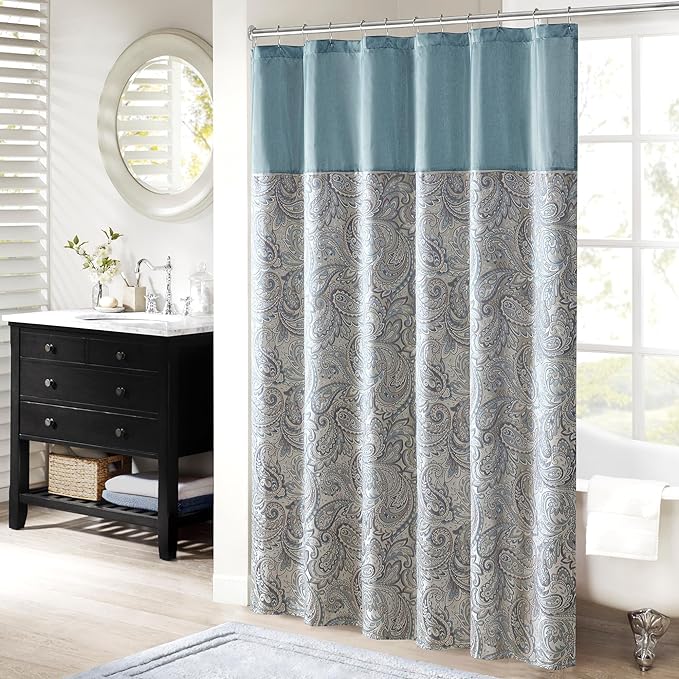 Madison Park 24 Piece Teal Paisley Queen Comforter Set with Matching Curtains and Aubrey 72x72 Teal Paisley Shower Curtain - LeafyLoom