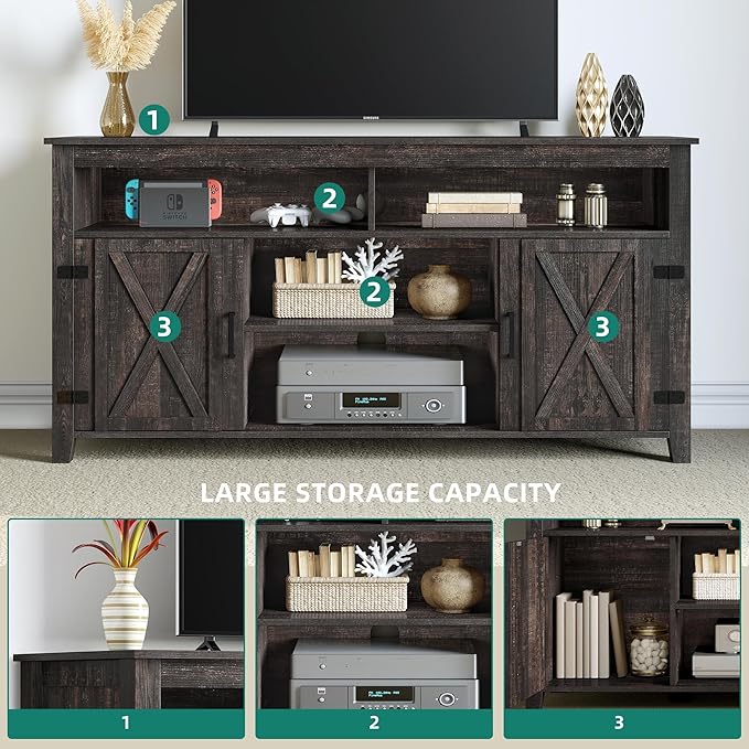 YITAHOME Highboy Farmhouse Barn Door TV Stand for 65 Inch TV, Modern Entertainment Center for 300 lbs, TV Media Console Storage TV Cabinet for Living Room, Dark Rustic Oak, 59.5” - LeafyLoom