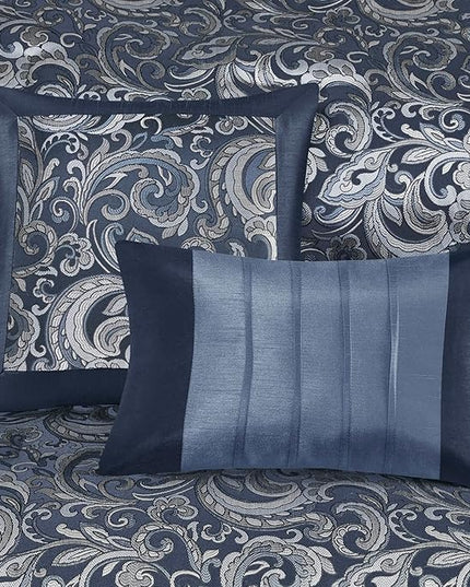 Madison Park Essentials Brystol 24 Piece Room in a Bag Faux Silk Comforter Jacquard Paisley Design Matching Curtains Down Alternative All Season Bedding-Set, King(104 in x 92 in), Navy 24 Piece - LeafyLoom