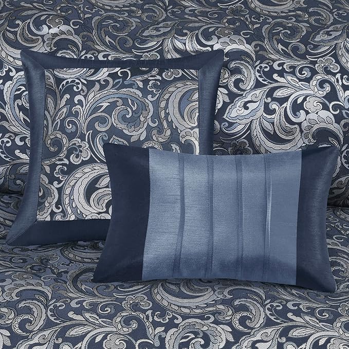 Madison Park Essentials Brystol 24 Piece Room in a Bag Faux Silk Comforter Jacquard Paisley Design Matching Curtains Down Alternative All Season Bedding-Set, King(104 in x 92 in), Navy 24 Piece - LeafyLoom