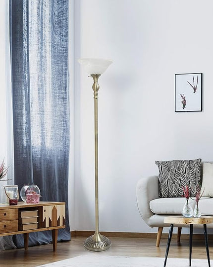 Elegant Designs LF2001-ABS 1 Light Torchiere Marbleized White Glass Shade Floor Lamp, Antique Brass - LeafyLoom