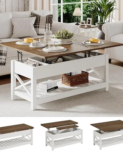 ChooChoo Farmhouse Lift Top Coffee Table, Multi-Function Convertible Coffee Table with Storage and Hidden Compartment, Coffee Table Converts to Dining Table for Living Room, 40 White & Brown - LeafyLoom
