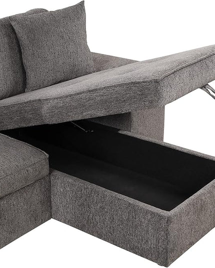 L Shaped Reversible Sleeper Sectional Sofa Pull Out Couch Bed with Storage Chaise Lounge and 2 Stools, Button Tufted Chenille Upholstered Convertible Pullout Sofabed for Living Room Office - LeafyLoom