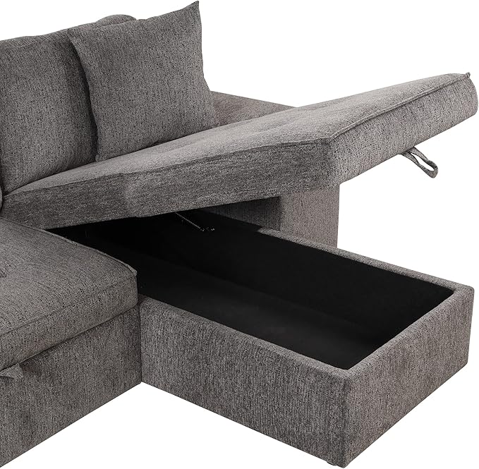 L Shaped Reversible Sleeper Sectional Sofa Pull Out Couch Bed with Storage Chaise Lounge and 2 Stools, Button Tufted Chenille Upholstered Convertible Pullout Sofabed for Living Room Office - LeafyLoom