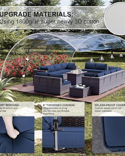 Kullavik 15PCS Outdoor Patio Furniture Set with 43" 55000BTU Gas Propane Fire Pit Table PE Wicker Rattan Sectional Sofa Patio Conversation Sets,Dark Blue - LeafyLoom