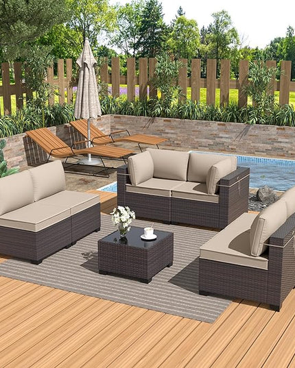 Patio Furniture Set 7-Pieces Outdoor Furniture for Backyard Wicker Sectional Sofa Set, Rattan Patio Conversation Set with Thickened Cushions and Glass Coffee Table, Sand - LeafyLoom