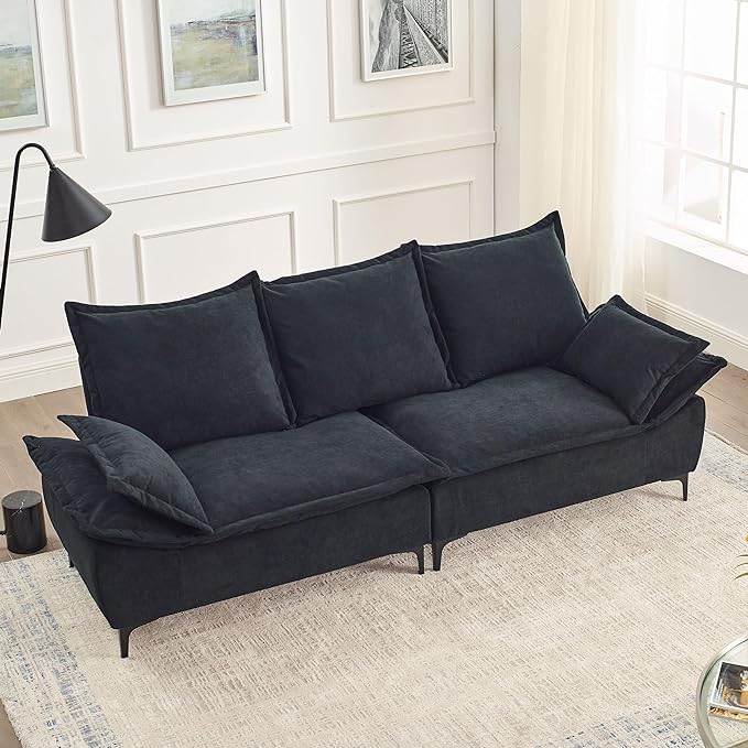 Modern Sleeper Sailboat Sofa Couch Dutch Velvet 3-Seater Cloud Sofa&Couch with Two Pillows for Apartments Office Studio Small Spaces Living Rooms, 88.5", Black-005 - LeafyLoom